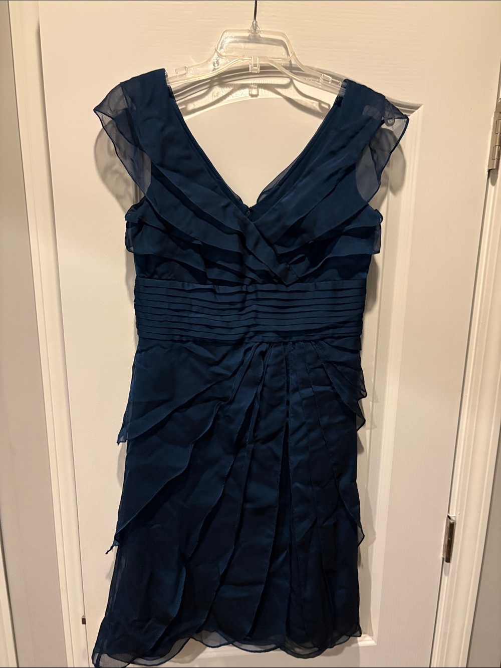 Adrianna Papell Navy Blue Layered Chiffon Midi Dress